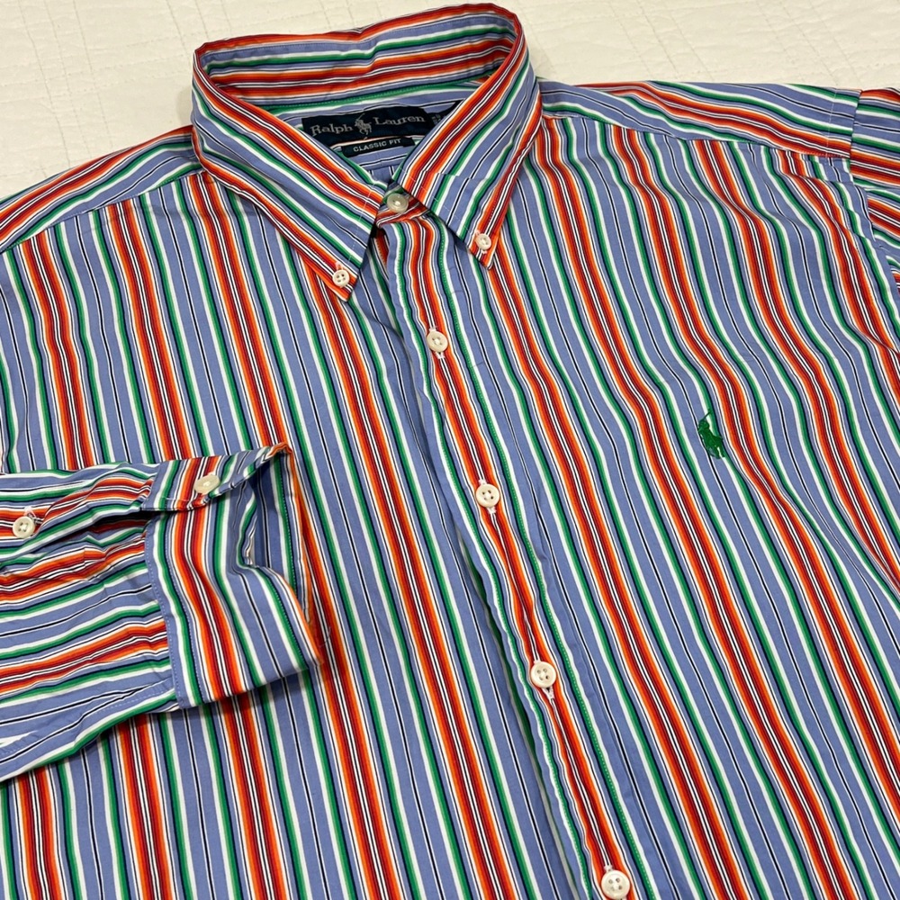 Ralph Lauren Mens XL Classic Fit Striped Button Down Shirt Blue Orange Green
